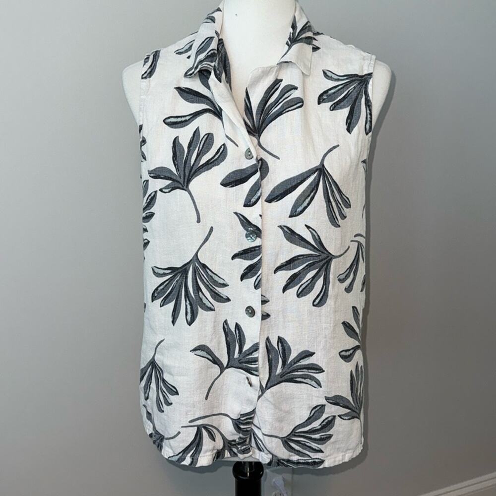 CLIO Linen Button Down Simple Floral Sleeveless Tank Top Women's Medium